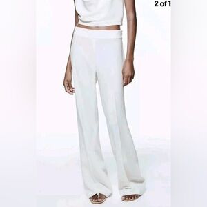 ZARA Women’s Beige Ribbed Wide Leg Flared Pants w/ Elastic Stretchy Waist Band